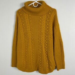 Talbots Chunky Cable Knit Turtleneck Sweater Womens Sz Large Mustard Yellow Wool